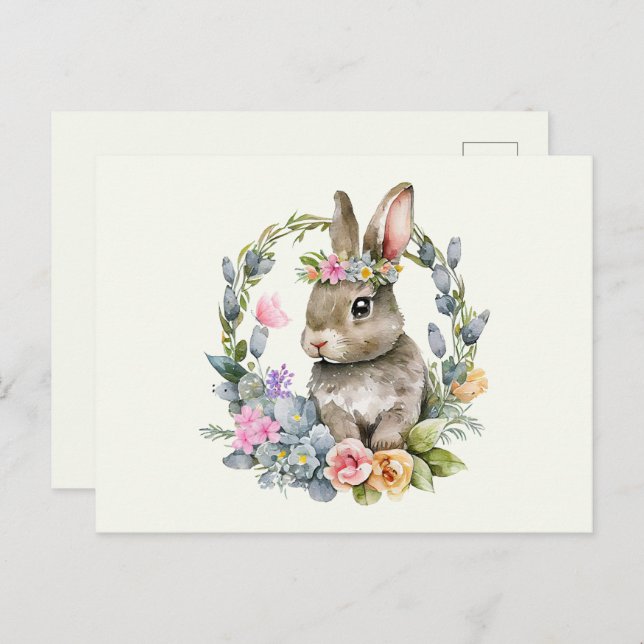 Vattenfärgsbunny med Blommigt Utandning Vykort (Fram/baksida)