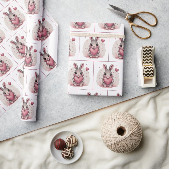 Vattenfärgsbunny med Rosa hjärta Presentpapper (Hantverk)