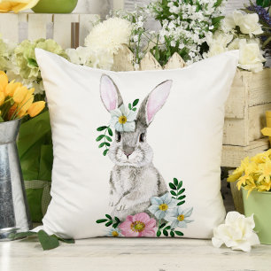 Vattenfärgsbunny och Blommor Kudde