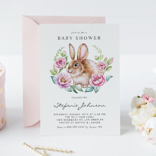 Vattenfärgsbunny och Rosa Flowers Baby Shower Inbjudningar