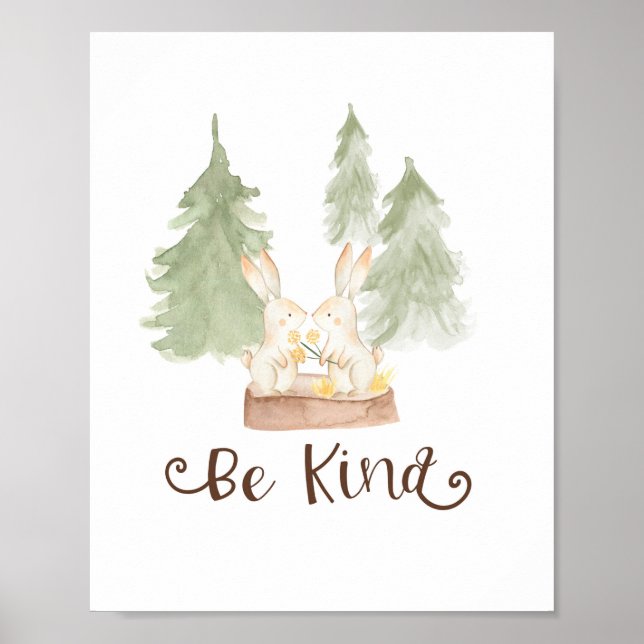 Vattenfärgsbunny Woodland Friends Be Nursery Poster (Framsidan)