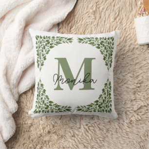 Vattenfärgsbunt Grönt Löv bunle Brev M Monogram Kudde