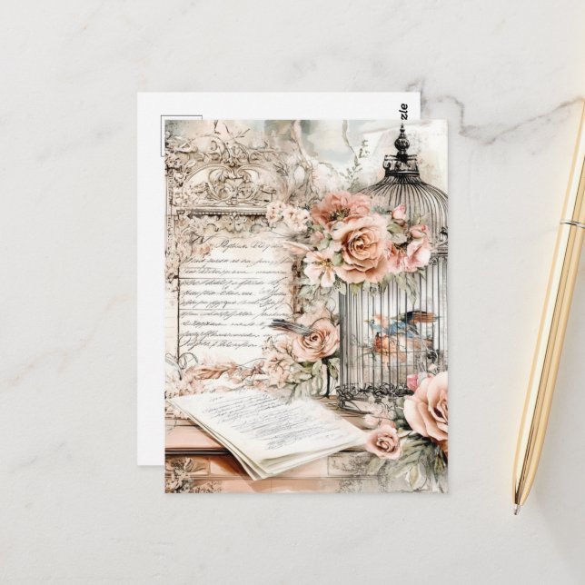 Vattenfärgsbur Shabby chic Vykort (Fram/Back In Situ)