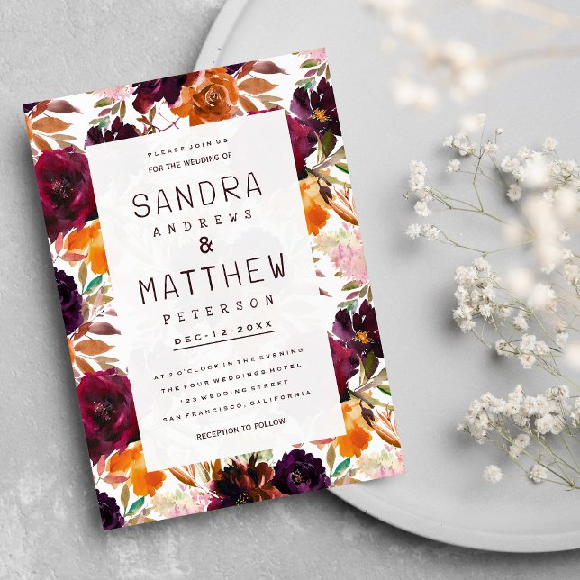 Vattenfärgsburgundröd orange rosa Höst Bröllop Inbjudningar (Watercolor burgundy red orange pink Autumn Wedding Invitation)