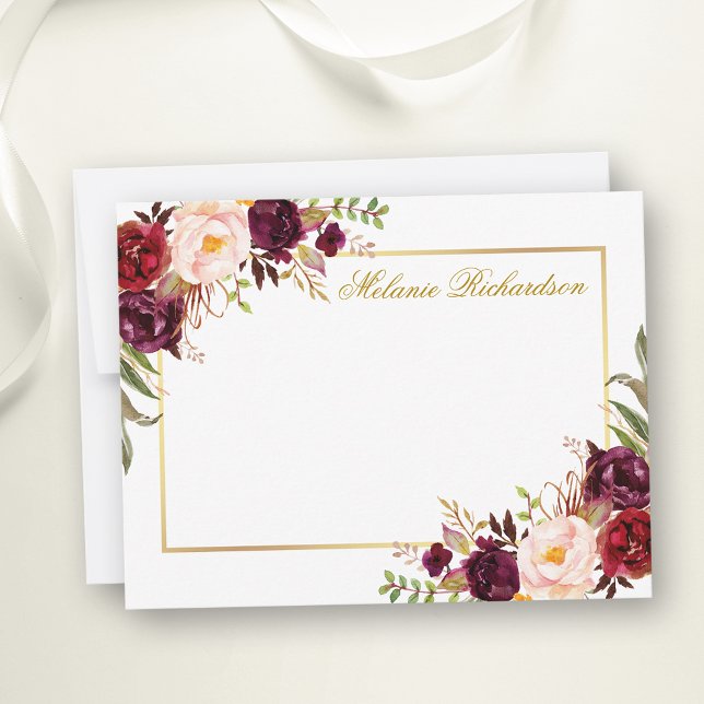 Vattenfärgsburgundy Blommigt Guld Ram Personlig Anteckningskort (Customize to change text size, color, style or to add more text to front or back of card.)
