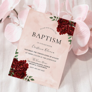 vattenfärgsburgundy Röd ros-baptism Inbjudningar
