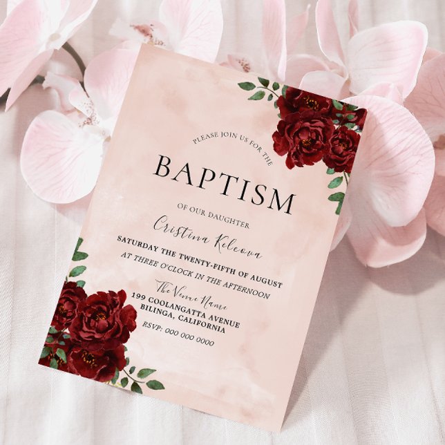  vattenfärgsburgundy Röd ros-baptism Inbjudningar (Skapare uppladdad)