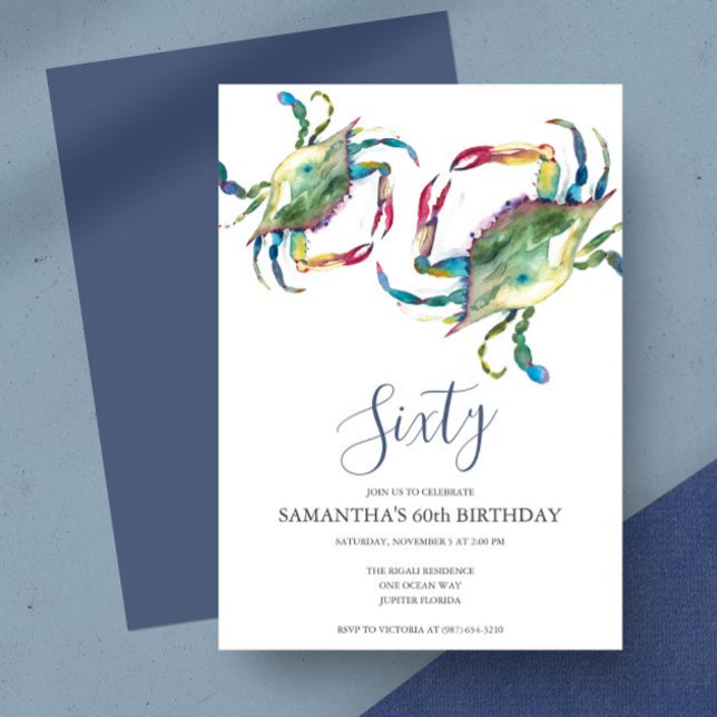 Vattenfärgsbuss Boil 60:e födelsedagsinbjudan Inbjudningar (Birthday invitation crab fest watercolor blue crab art by Victoria Grigaliunas)