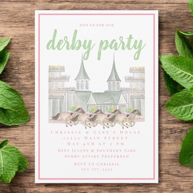 VattenfärgsByggnad Derby Party Horse Tävla Rosa Inbjudningar (Skapare uppladdad)