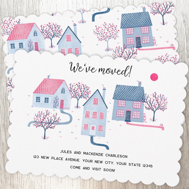 Vattenfärgsbyte i Adress Meddelande (Watercolor house painting personalized custom text moving house new home change of address card)