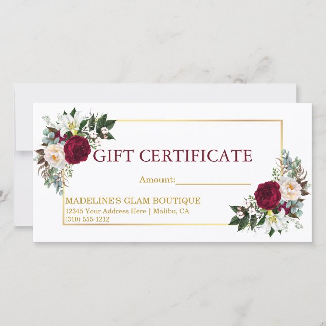 Vattenfärgscertifikat Burgundy Guld Gift Certifica (Framsida)