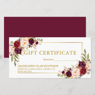Vattenfärgscertifikat Burgundy Guld Gift Certifica