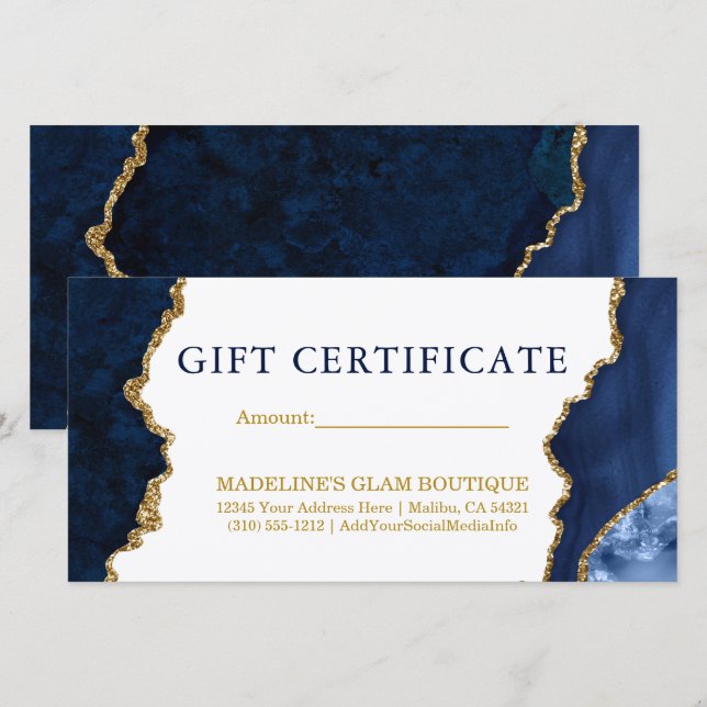 Vattenfärgscertifikat Marble Blue Guld Gift Certif (Fram/baksida)