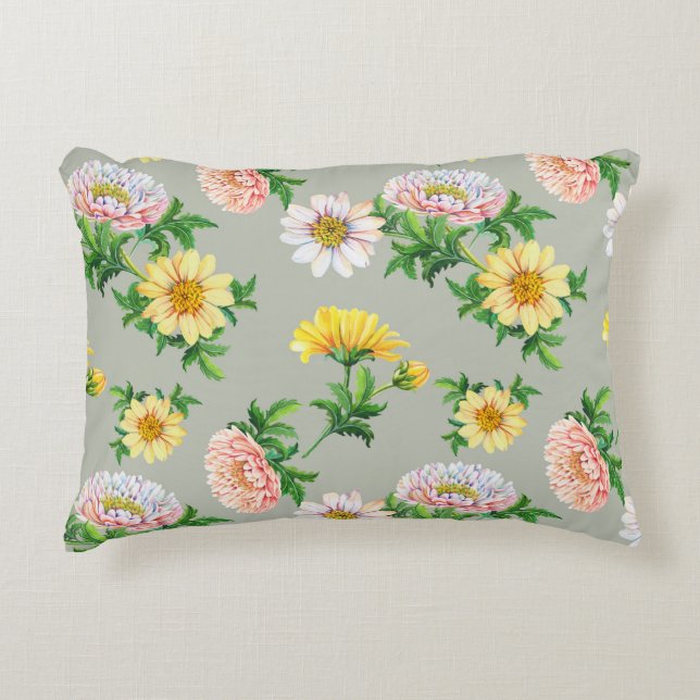 Vattenfärgschrysanthema, sömlöst blommönster prydnadskudde (Framsidan)