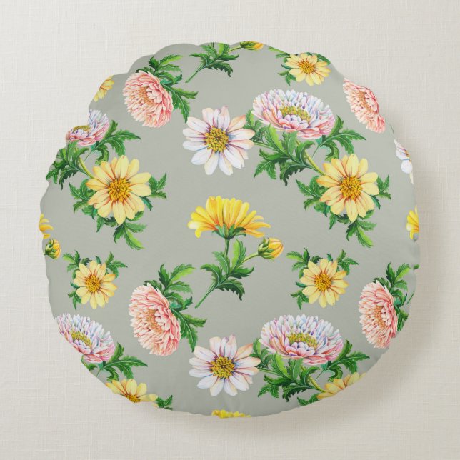 Vattenfärgschrysanthema, sömlöst blommönster rund kudde (Framsidan)