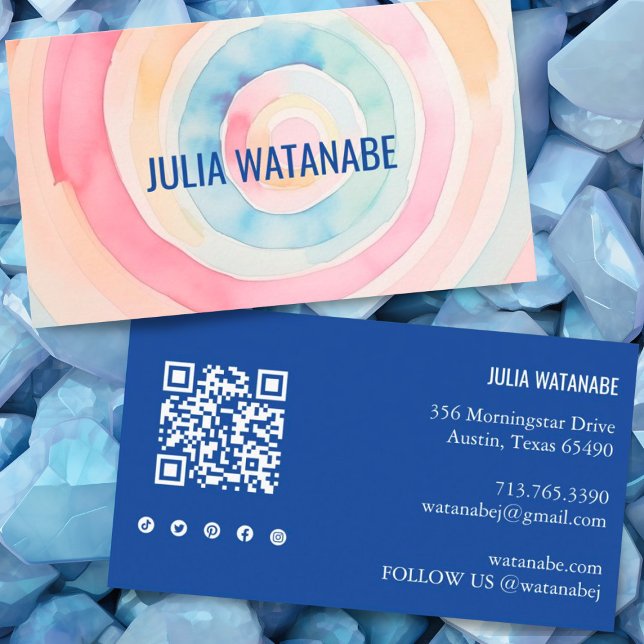 Vattenfärgscirklar QR-kod Social Media Modern Visitkort (Pretty custom business card with watercolor rings. QR code and social icons on the back side)
