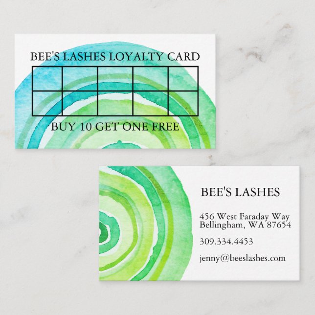 Vattenfärgscirklar Ring Abstrakt minimalistisk Grö Lojalitetskort (Fram/baksida)