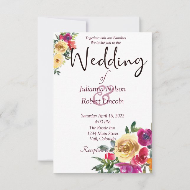 Vattenfärgscitron och magenta blommigt bröllop inv inbjudningar (Framsida)