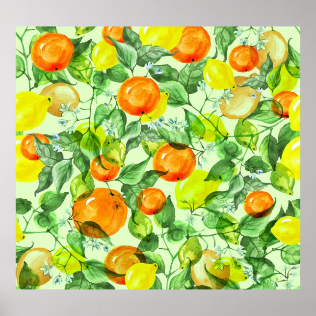 Vattenfärgscitroner, blommor, citrus mönster. poster (Framsidan)