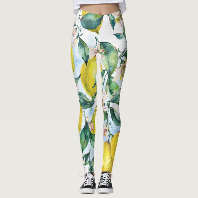 Vattenfärgscitroner, färska citrusfrukter gren. leggings (Framsida)