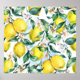Vattenfärgscitroner, färska citrusfrukter gren. poster