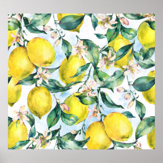 Vattenfärgscitroner, färska citrusfrukter gren. poster