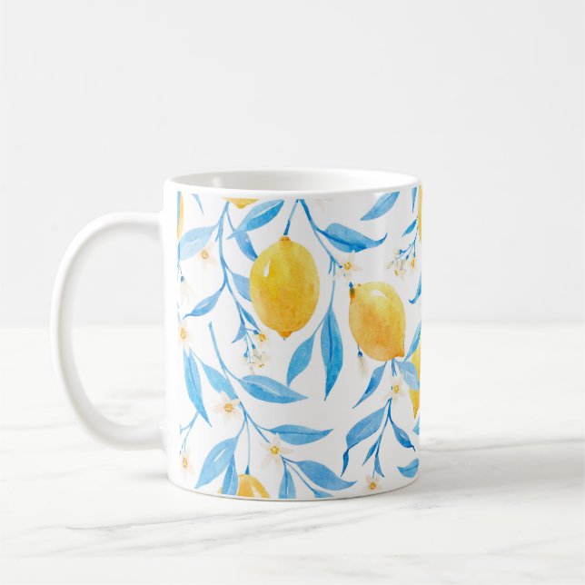 Vattenfärgscitroner: handdragen mönster. kaffemugg (Vänster)