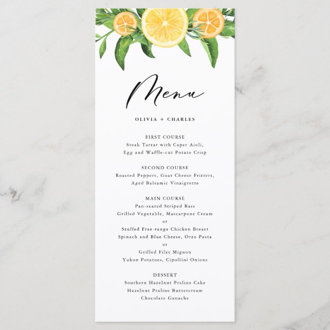 Vattenfärgscitroner och Orangar Citrus Bröllop Men Meny (Framsida)