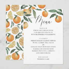 Vattenfärgscitrus bröllop. Sommarträdgård, blommig Meny