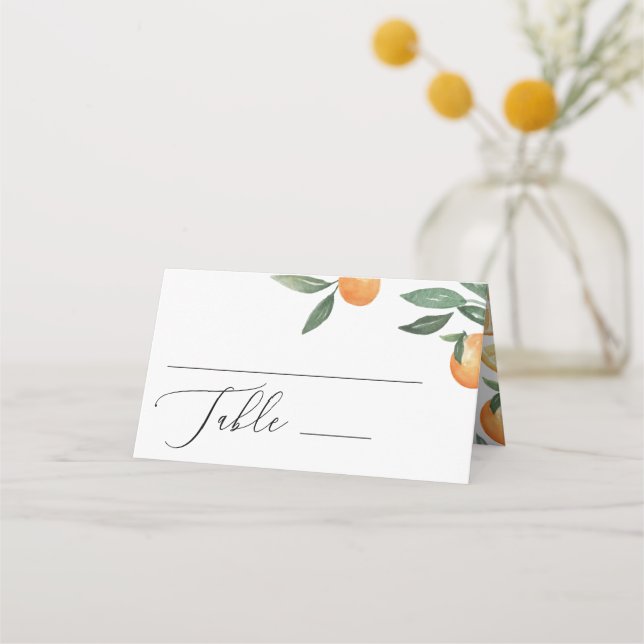 Vattenfärgscitrus bröllop. Sommarträdgård, blommig Placeringskort (Framsida)