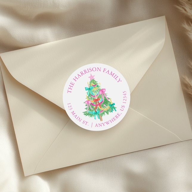 Vattenfärgscoquette Bows Julgran Adress Runt Klistermärke (Skapare uppladdad)