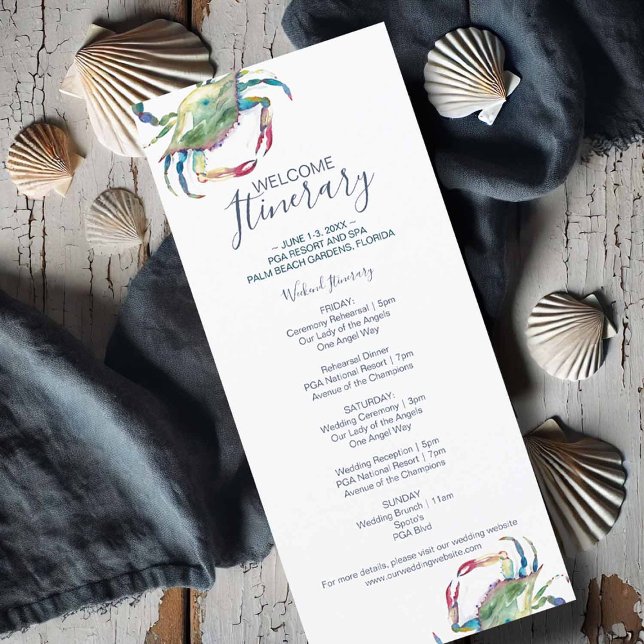 VattenfärgsCrab Bröllop Itinerary (Flat lay of a watercolor crab wedding itinerary card featuring a blue crab illustration)
