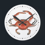 VattenfärgsCrab - Röd Rund Klocka<br><div class="desc">"Watercolor Crab" av Emma Scarvey. Har en röd vattenfärgskrabba på vit bakgrund.</div>