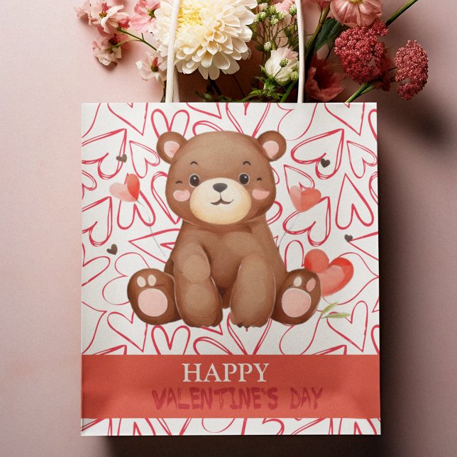 Vattenfärgsdag Alla hjärtans dag (Watercolor Bear Valentine's Day Medium Gift Bag)