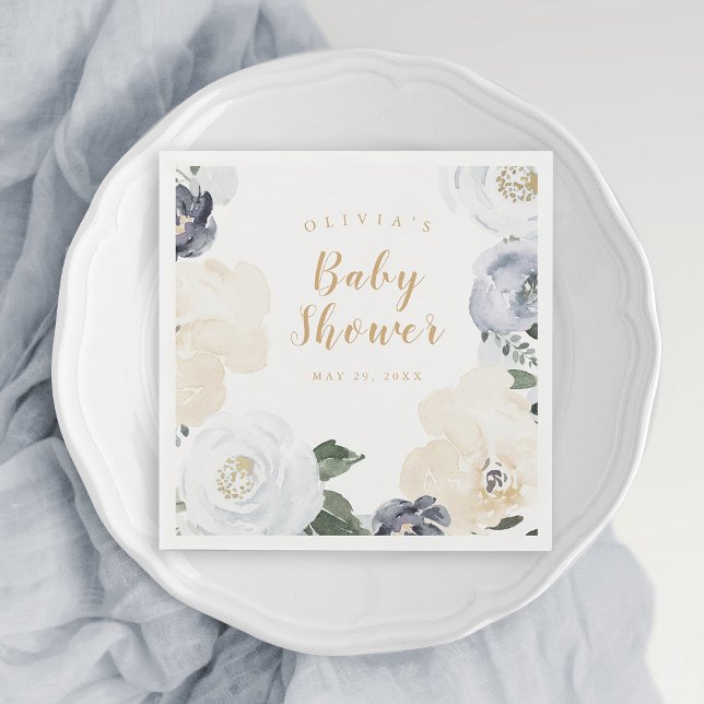 vattenfärgsdammig, blå babydusch för blommigt pappersservett (watercolor dusty blue floral baby shower napkins)
