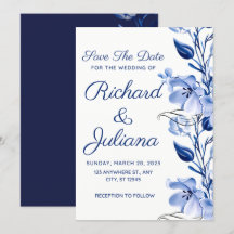 Vattenfärgsdammig blå blommigt marin blå bröllop 