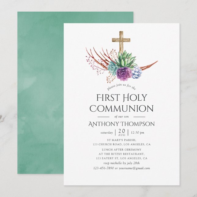 Vattenfärgsdeert Succulent First Heliga Communion Inbjudningar (Fram/baksida)