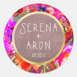 Vattenfärgsdekal för lila blommigt bröllop runt klistermärke