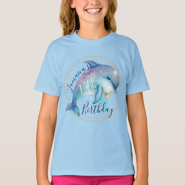 Vattenfärgsdelfin Födelsedagsfest T-Shirt (Framsida)
