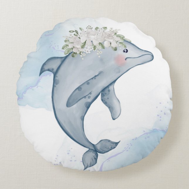 Vattenfärgsdelfin Rund Kudde (Framsidan)