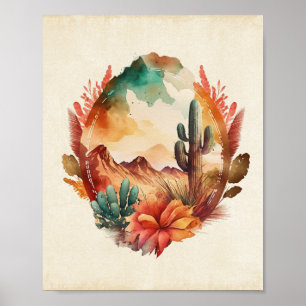 VattenfärgsDesert Cactus och Mountains Poster