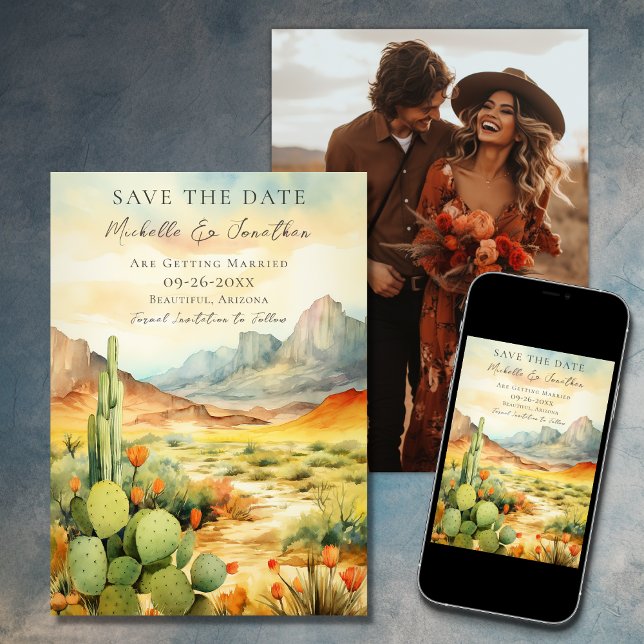 VattenfärgsDesert Cactus Photo Bröllop Spara Datumet (Printed and Digital - Watercolor Southwestern Desert Photo Wedding Save The Date)