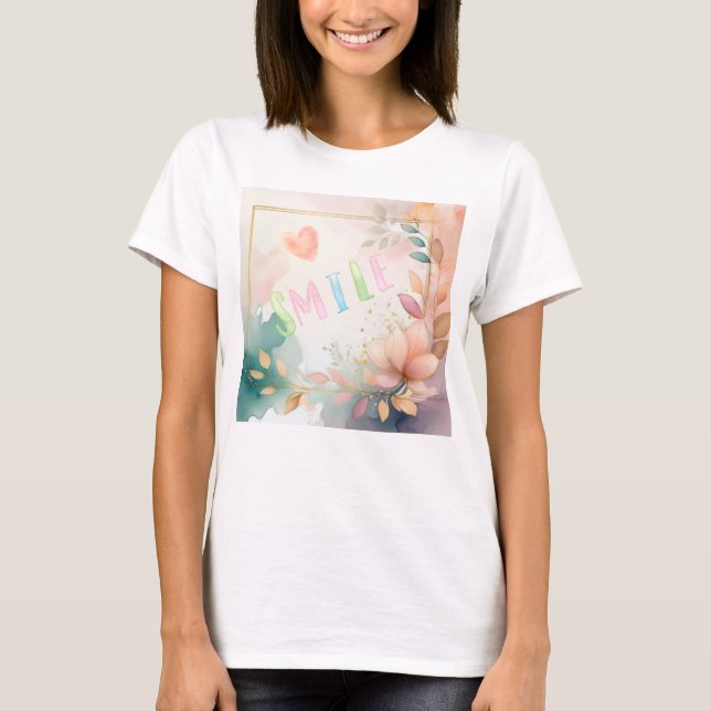 Vattenfärgsdesign för inspirerande "Smile"-Blommig T Shirt (Framsida)
