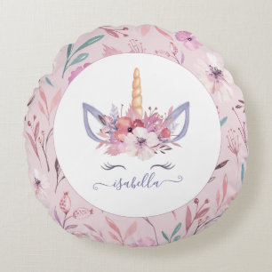 Vattenfärgsdesign för Unicorn ansikte blommigt Rund Kudde