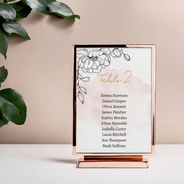  vattenfärgsdesign med svartvit Blommigt Bordsnummer (Blush Watercolor Design with Black Floral Elegance Table Number)
