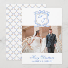 Vattenfärgsdesigner Blue Monogram julfoto Julkort