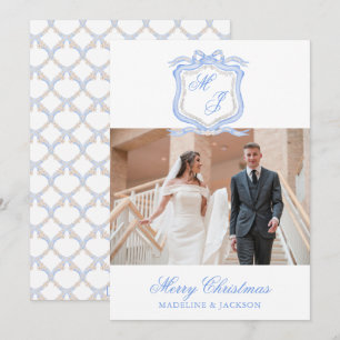 Vattenfärgsdesigner Blue Monogram julfoto Julkort