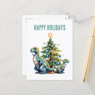Vattenfärgsdinosaur Julgran Helg Vykort