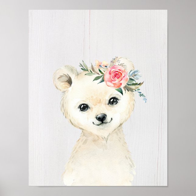 Vattenfärgsdjur Blommigt Baby Polar Bear Snowy Ani Poster (Framsidan)