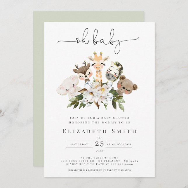 Vattenfärgsdjur Faux Guld Blommigt Oh Baby Shower Inbjudningar (Fram/baksida)